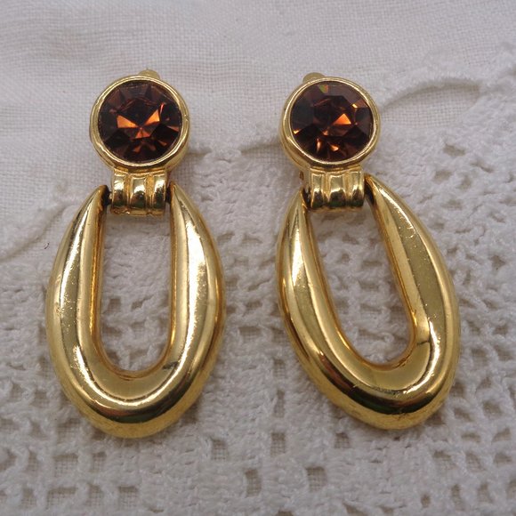 Vintage GIVENCHY Faux Topaz Crystal Gold Tone Door Knocker Clip Earrings - Picture 1 of 4